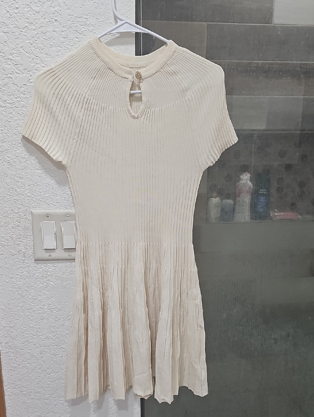 Women's Cream Ribbed Knit Fit-and-Flare Dress